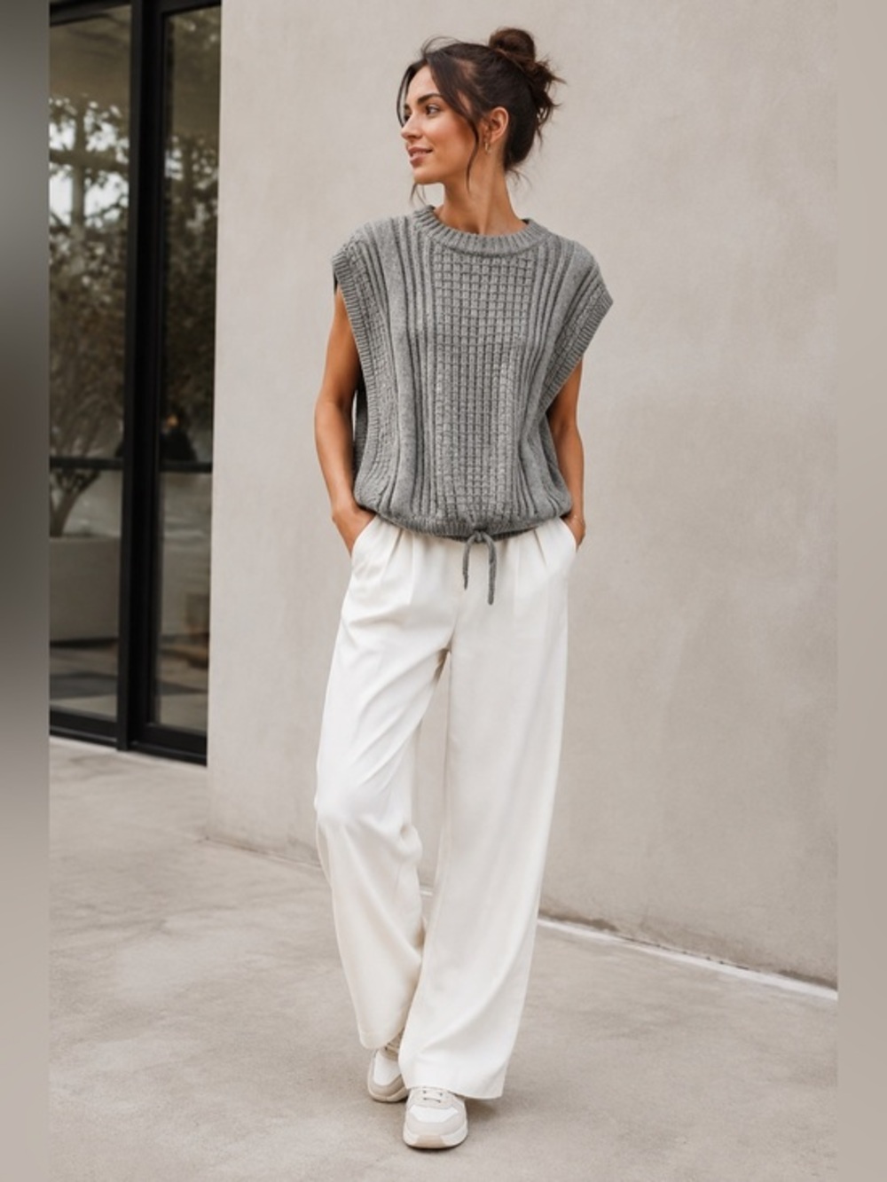 Gray Cable Knit Pullover Sweater Vest With Drawstring Hem